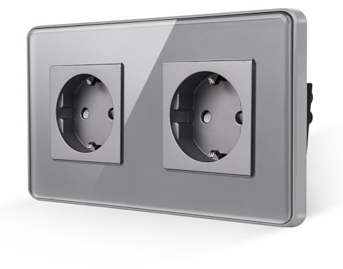 JIMEIDA Enchufe doble gris, placa de cristal curvado 2,5D, 16 A, enchufe Schuko, empotrable, enchufe de pared, 157 x 86 mm, 250 V