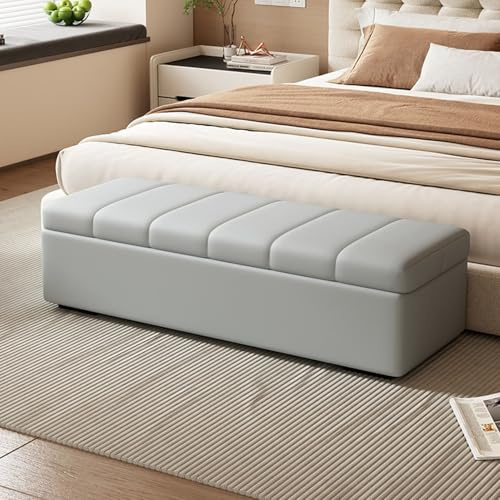 Leather Upholstered Storage Ottoman Bench End of Bed Bench Dining Benches Table with Flipping Lid, Leather Footstool Padded Seat blanket storage chest, for Bedroom, Living Room, Entryway, Window