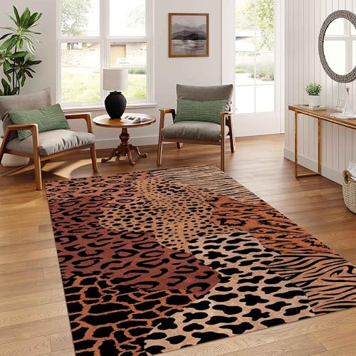 YJDRUG Brauner Faux-Fell-Teppich mit Leopardenmuster, 60x110cm – Waschbarer weicher Innenraumteppich mit Rutschfester Unterseite für Küche, Bad, Schlafzimmer, Wohnzimmer & Arbeitszimmer