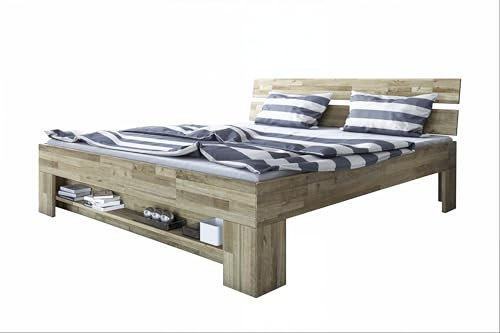 Massivholzbett >Link< aus Wildeiche mit 2-geteiltem Kopfteil, inkl. Fußteilregal, Liegefläche 180x200 cm, modernes Design, natürliche Optik, hochwertiges Massivholz, Stellmaß ca. 185x88x215cm (BxHxT).