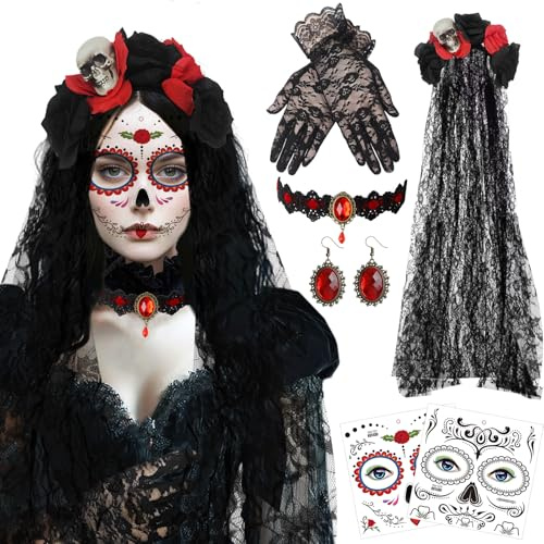 Halloween Kopfschmuck Rosen Tag Der Toten Haarreif 100CM mit Rubin-Halsband und Rubin-Ohrringe,Spitzenhandschuhe und Gesicht Tattoos,Tag Der Toten Haarrei für Frauen Damen Kostüm Accessoires
