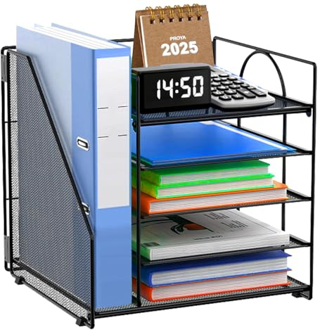 Lukymod Desk Organiser with File Holder 5 Tiers Paper Letter Tray Organiser Metal Mesh Desk Organisers Workspace Accessories Tidy Storage for Books, Documents, A4 Files, Magazine, Letter, Papers