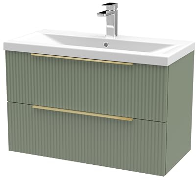 Balterley Vanity Unit with Basin Wall Hung, 2 Drawer Soft Close with Mid Edge Sink and Handles, Bathroom Vanity Units with Basin, Fluted Front Sink Cabinet - 810 x 390 x 540mm (Green)