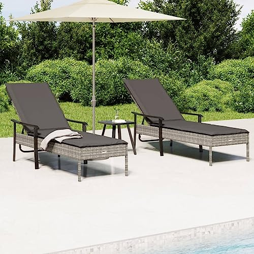 Teenpull Sonnenliegen 2er Set, Grau Poly Rattan, verstellbar, mit Tisch und Auflagen, für Garten, Terrasse, Balkon, Poolbereich
