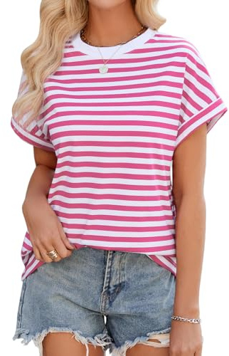 Xnova Tshirt Damen Gestreiftes Sommer Kurzarm Rundhals Tops Oversize Lockere Bluse Basic Tee Shirts Lose Lässig Oberteile Sommertop