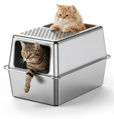 Katzenklo Edelstahl mit Deckel, Geschlossenes Katzentoilette Vollmetall Groß XXL, Katzenklo mit Hoher Rand, Hop-in Katzentoilette für Katzen Aller Größen, Antihaft, Geruchsfrei, Leicht zu Reinigen
