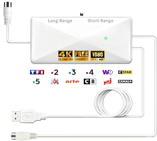 Amplificateur Antenne TV, Alimenté par USB, Gain Elevé 25dB, Booster de Signal pour TNT/DVB-T2, Compatible Antenne Intérieure et Extérieure, Amélioration de Réception (White-FDQ)