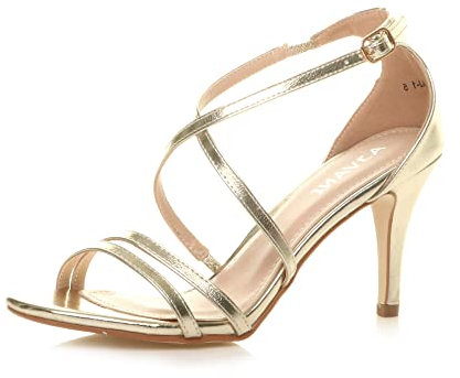 Ajvani Womens Ladies mid high Heel Strappy Crossover Wedding Sandals Shoes, Gold Metallic, 4 UK