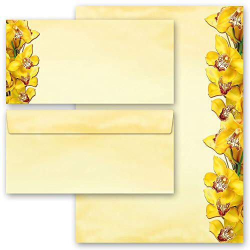 Briefpapier Sets Motivpapier Blumen & Blüten, GELBE ORCHIDEEN 100 Blatt Briefpapier + 100 passende Briefumschläge DIN LANG ohne Fenster