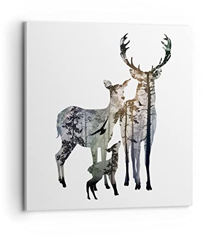 Quadro su Tela 70x70cm Stampe da Parete Cervo Famiglia selvatichezza illustrazione Grandi Decorazione Murale Camera da Letto 1 pezzo Quadri Moderni Soggiorno Immagini Wall Art Canvas AC70x70-3184