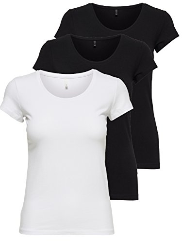 ONLY - 15209153 - Lot de 3 t-shirts pour femme - Noirs ou blancs - Manches courtes - Longs - Basiques - T-shirts d'été - Tailles XS, S, M, L et XL, Mélange de couleurs 1., S