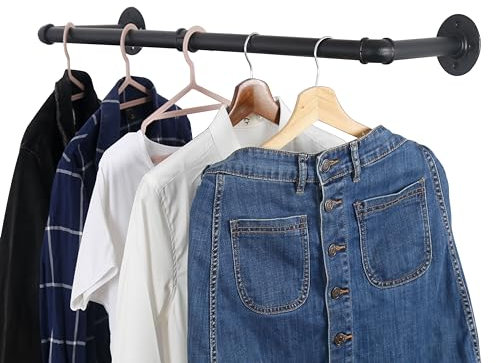 WEBI Clothing Rack Wall Mount,24 Industrial Pipe Clothes Rack for Hanging Clothes,Heavy Duty Iron Garment Rack Bar,Retail Display Clothes Rod for Closet,Laundry Room,Black