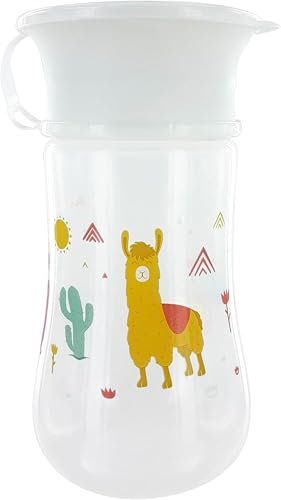 dBb Remond Tasse Bébé 360° - Tasse Antifuites – Valve Antidéversement – Couvercle - Apprentissage Bébé 9 Mois+ - Sans BPA - 330 ml - Décor Lama - Blanche