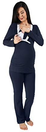 M.M.C. Still-Pyjama Set mit Spitze für Damen - Umstandspyjama Schlafanzug Nachtwäsche für Schwangerschaft und Stillzeit mit Stillfunktion, Langarm (Dunkelblau, Medium)