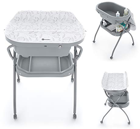 Petite&Mars Wickelkombi SPA 3in1 mit Badewannenaufsatz * Mobiler Bade-Wickeltisch faltbar | Wickelkommode Wickelauflage pflegeleicht * Wickeltisch mit Badewanne * kompakt (GREY)