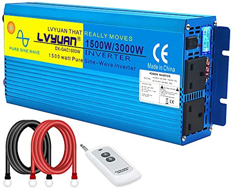 Cantonape 1500W Pure Sine Wave Inverter 12V to 230V 240V Car Converter Power Inverter with LCD Display 2AC Outlets and wireless-Remote Control for Motorhomes,Truck,Boat,Camping,Household,Van