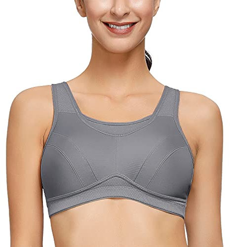Deyllo Women's Sports Bra High Impact Plus Size Sports Bra Wirefree Workout Running Yoga Bra(Grey,48G)