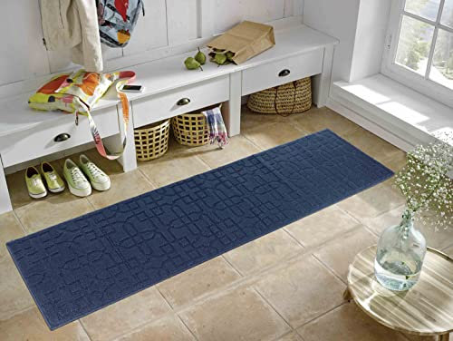 IVY Washable Door Mat Kitchen Mats Non Slip Cubed Trellis Design Kitchen & Hall Runners Doormats, Navy, 60x220 cm