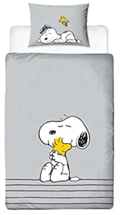 Character World Peanuts Snoopy Single Duvet Cover Officially Licensed | Reversible Two Sided Snooze Design with Matching Pillowcase, Polycotton, Grey
