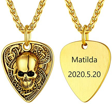 U7 Herren Halskette Edelstahl Plektrum Anhänger für Männer Schwarz Schädel Gitarre Plektron Anhänger Musik Kettenanhänger Herren Totenschädel Plektrum Kette Rock Personalisiert Modeschmuck für Freund