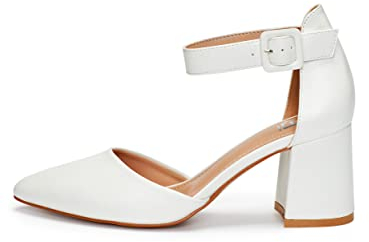 Rio Fiore Scarpe con Tacco, 7 cm Tacco Largo, Décolleté Donna, Bianco, Similpelle, Cinturino alla Caviglia, H1877-A0142-33 (White PU, 41 EU)