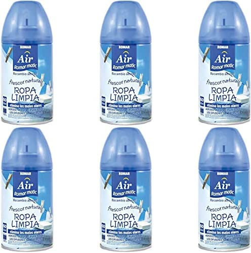 Pack 6 Recambios Aerosol Ambientador Spray Frescor Natural para Difusores y Manual, Esencia para hogar con Aroma Ropa Limpia 250 ml