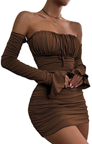 Zesoyne Women Off The Shoulder Ruched Bodycon Mini Dress Flounce Long Sleeve Tie Front Short Club Dresses Medium Coffee