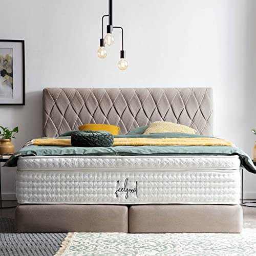 BettCo Boxspringbett Lyon 140x200 Webstoff, ohne Topper, Hotelbett, ohne Bettkasten, 7 Zonen Taschenfederkern-Matratzen, Aufbau KOSTENLOS (Nougat, 140x200 cm ohne Topper)