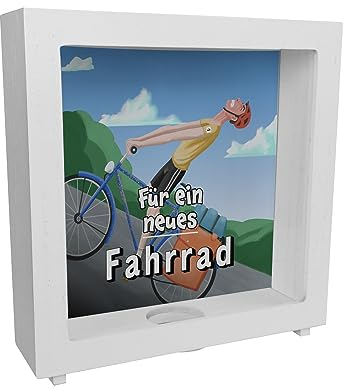 Rahmen Spardose aus Holz mit lustigem Fahrradfahrer und Text - Für EIN neues Fahrrad als Geschenk für Fahrradfahrer die Sich einen neuen Drahtesel kaufen wollen und dafür etwas