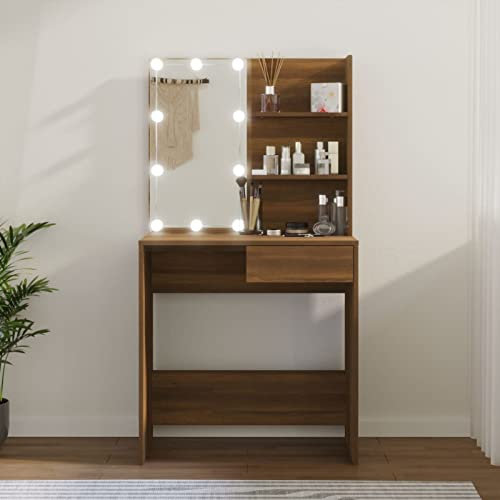 JUNZAI Schminktisch Schminken Tisch, Frisiertisch, Kosmetiktisch, Schminkkommode, Schmink Tisch, Make Up Tisch, Braun Eiche 74,5x40x141 cm