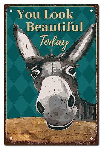 CREATCABIN Donkey Vintage Tin Signs You Look Beautiful Today Retro Garage Tin Plaques Garage Signs Men Decor Accessories for Wall Kitchen Coffee Bar Home Bathroom Vintage Sign Gifts 8 x 12Inch
