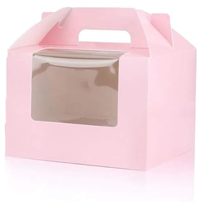 Selecto Bake Lot de 3 boîtes à cupcakes avec fenêtre, insert et poignée pour 4 cupcakes standard, en papier kraft, boîtes de transport pour cupcakes, muffins (rose)