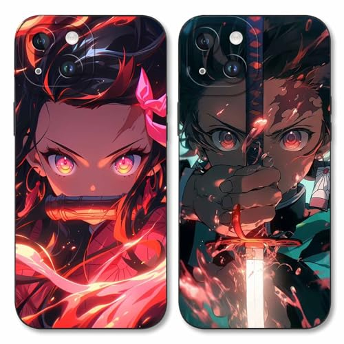 2 Stück Handyhülle für Apple iPhone 14 Hülle 6.1'', Anime Motiv Kamado Nezuko Tanjirou Manga Muster Schutzhülle Jungs Case Schutz der Linse Design Silikon TPU Cover Stoßfest, Schwarz1