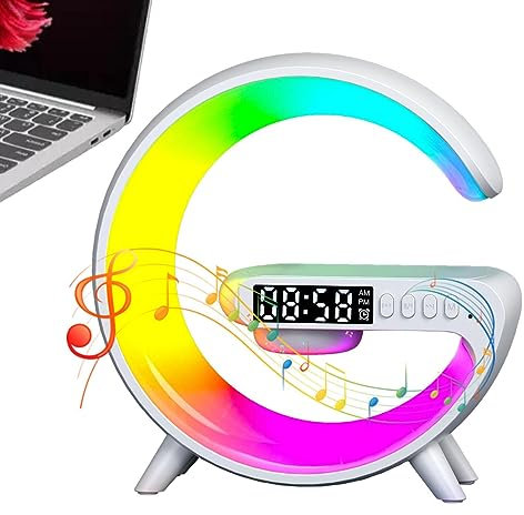 YYCFB LED Wireless Charger Atmosphere Lamp with Blueto-oth Speaker - G Shape Light Up Wireless Speaker Intelligent LED Table Lamp, Color Changing Timer Alarm Clock Charger Stand Bedside Table Light fo