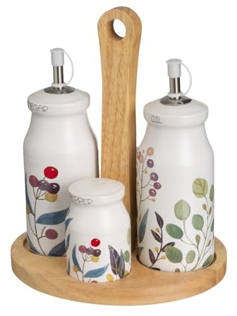 Juego de aceitera y vinagrera con salero y pimentero en soporte de cerámica stoneware blanco y verde