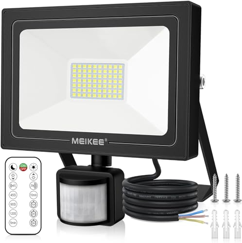 MEIKEE 60W LED Strahler mit Bewegungsmelder Fernbedienung 600-5200 LM 6500K Kaltweiß Außenstrahler 3 Modi IP66 Wasserdicht Helligkeit Einstellbar Timing-Funktion Scheinwerfer für Garten Garage Hof