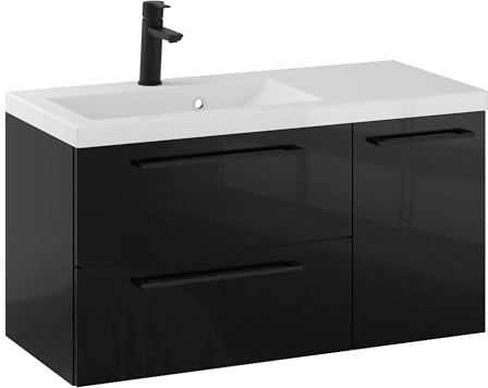 Furni Rosen 90 cm Hängend Waschbecken mit Unterschrank und Stilvollen und Schwarzen Griffen Waschbeckenunterschrank Badezimmer Waschtisch mit Unterschrank Waschtischunterschrank