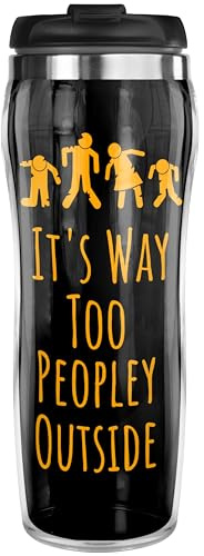 Pixly® Way Too Peopley Outside Thermal Travel Mug Coffee Tea Flask, 400ml/14oz Capacity, Introvert Funny Joke Fun Gift for Him Her, Black