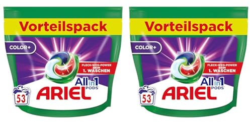 Ariel Allin1 PODS, Flüssigwaschmittel-Kapseln Color+ 53 Waschladungen, Ausgezeichnete Fleckentfernung Beim 1. Waschen (Packung mit 2)