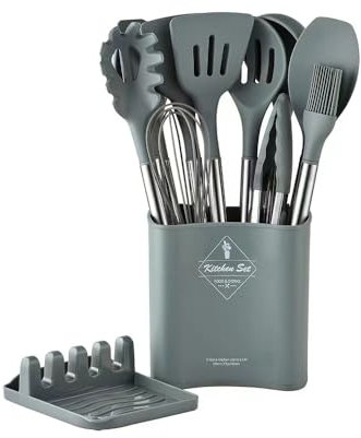 FlyHigh Premium 13-teiliges Küchenutensilien-Set - 100% BPA-frei, hitzebeständiges Silikon, Antihaftbeschichtung, Edelstahl-Silikon-Griffe und Halter - Hochwertiges Silikon Spachtel-Set (Grau)