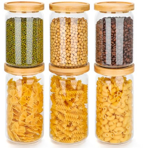 Avmvnvc Bocaux en Verre, 6 Bocal en Verre avec Couvercle en Bambou, Pot a Epices Transparent, Bocaux Verre Hermétique 3x700ml + 3x900ml Boite Rangement Cuisine pour Spaghetti, Grains de Café, Céréales