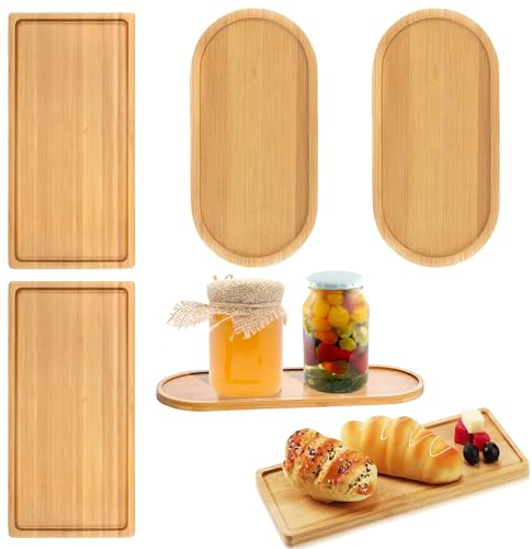 4 Pièces Plateaux Ovales Plateau en Bambou Rectangulaire, Petit Plateau Bois Service Decoratif Repas Soucoupe Plantes Mini Rangement 17.5 * 8.9cm, 2 Formes pour Nourriture, Tasses, Bijoux, Café