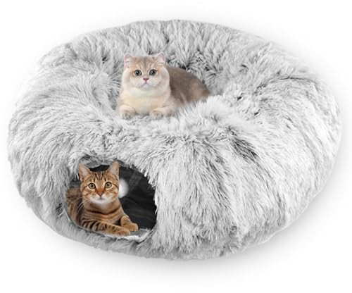 NATNAV Katzentunnel Rund mit Katzenbett Flauschig, Weicher Plüsch Katzen Donut Tunnel für Kleine Mittlere und Große Katzen,als Schlafplatz und Multifunktionales Katzenspielzeug Set (Grau)