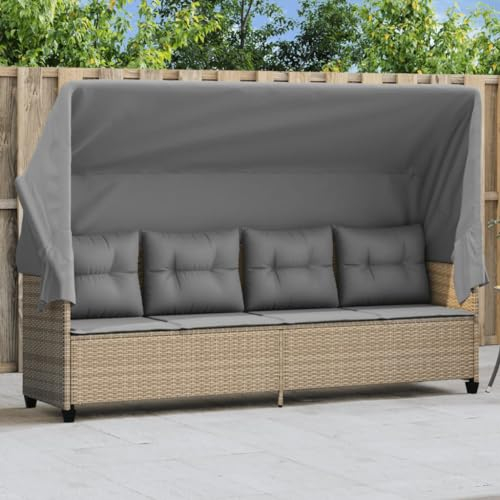 Keyroto Sofá de jardín con techo, tumbona con techo, sofá, balcón, sofá de jardín con toldo y cojín, polirratán, beige