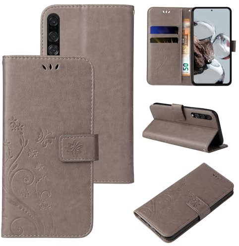 LBH Handy Hülle für Huawei P20 Pro Case Handytasche Schmetterling Blumen Flower Standfunktion Schutzhülle Magnet Rundum Schutz 360 Grad Flipcase Cover Grau