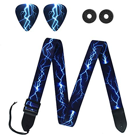 Czzmy Gitarrengurt, Verstellbarer Gitarren-Gurt Gitarrenband Guitar Strap mit Lederenden Plektrum Knöpfe Gitarrenhals Gurt für E-Gitarre Akustikgitarre Bass(1-Blauer Blitz)