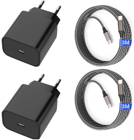 25W Chargeur USB C Secteur Charge Rapide pour Samsung Galaxy S25/S24/S23/S22/S21 Ultra/S20/S20+/Note 20/10/9/8/A73/A53/A52/S10/S9 et 3M Câble (Noir, Câble Tressé - 3M)