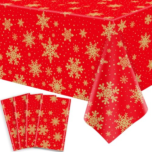 TJYJOY 4 Pack Xmas Tischtuch Weihnachten Schneeflocke Tischtuch Goldene Schneeflocke Rot Backdrop Tabelle deckt Weihnachten Party Dekorationen für Winter Urlaub Neujahr Party Supply 51 x 86 Zoll