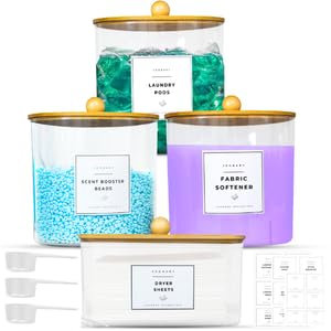 JOOBARY Laundry Detergent Dispenser Containers - 4 Pack Powder Container & Dryer Sheet Holder, Room Organization and Storage, Pods Soap Dispenser, Labels, Beads