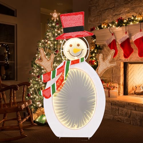 SOARS Schneemann Deko mit Unendlichkeitsspiegel, 64cm Weihnachtsfigur mit Tunnel-Nachtlicht, Hut und Schal, Weihnachtsbeleuchtung für außen und innen